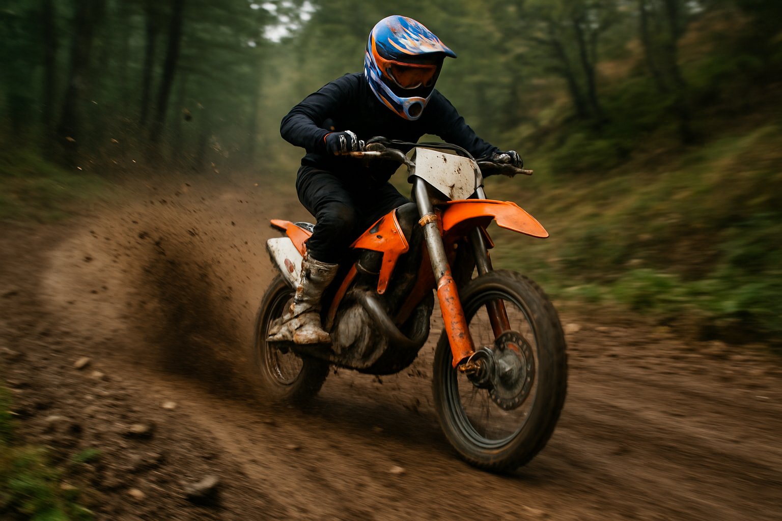 En crossmotorcykel kör i hög fart genom en lerig terräng med sprutande jord och sten, omgiven av skog och kuperad natur